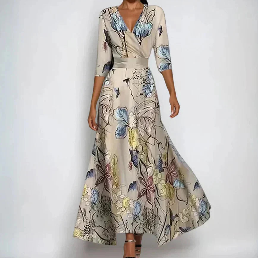 Chique wikkeljurk voor dames, lange bloemenprint maxijurk met V-hals en driekwart mouwen voor zomer of feest.