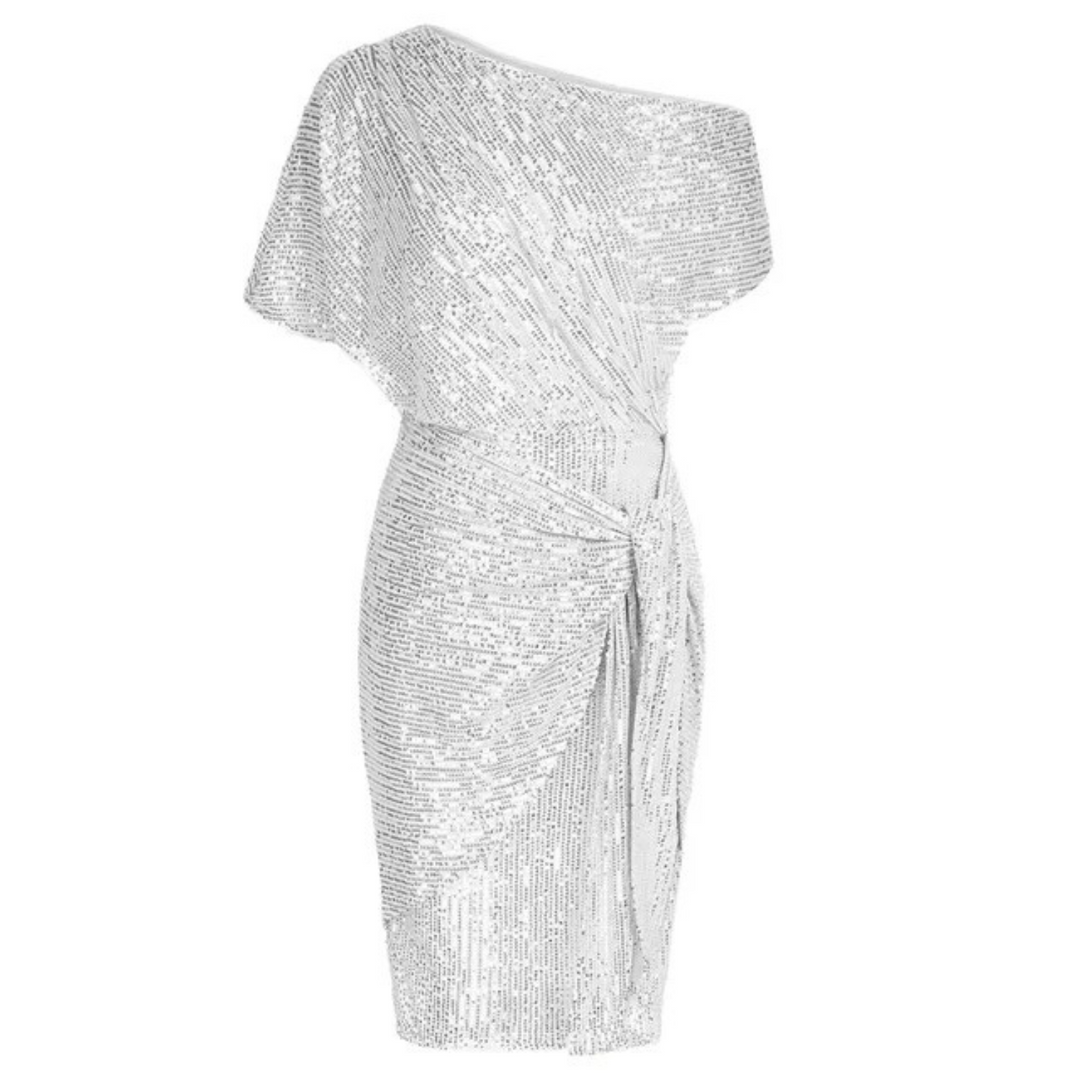 Slankmakende dames pailletten jurk, midi lengte, perfect voor een chique avondje uit.