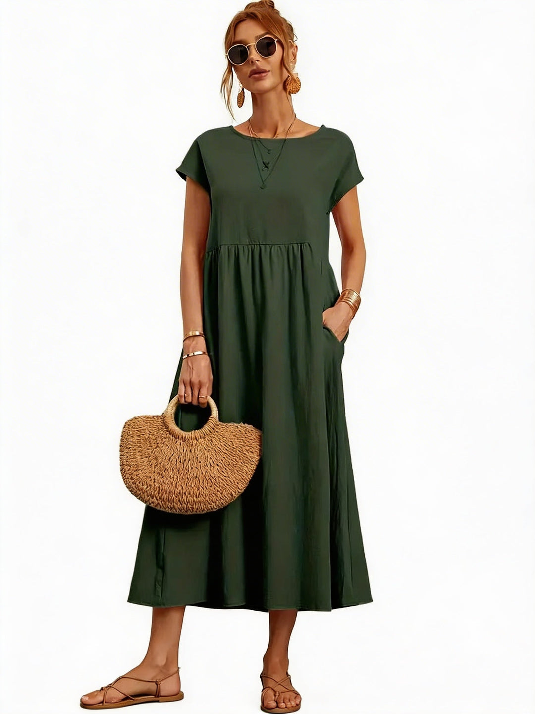 Dames midi jurk met korte mouwen, geplooide rok & zakken. Perfect voor zomerse dagen.