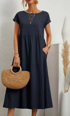 Elegante midi jurk dames, korte mouwen, geplooide rok, zakken. Voor elke gelegenheid.