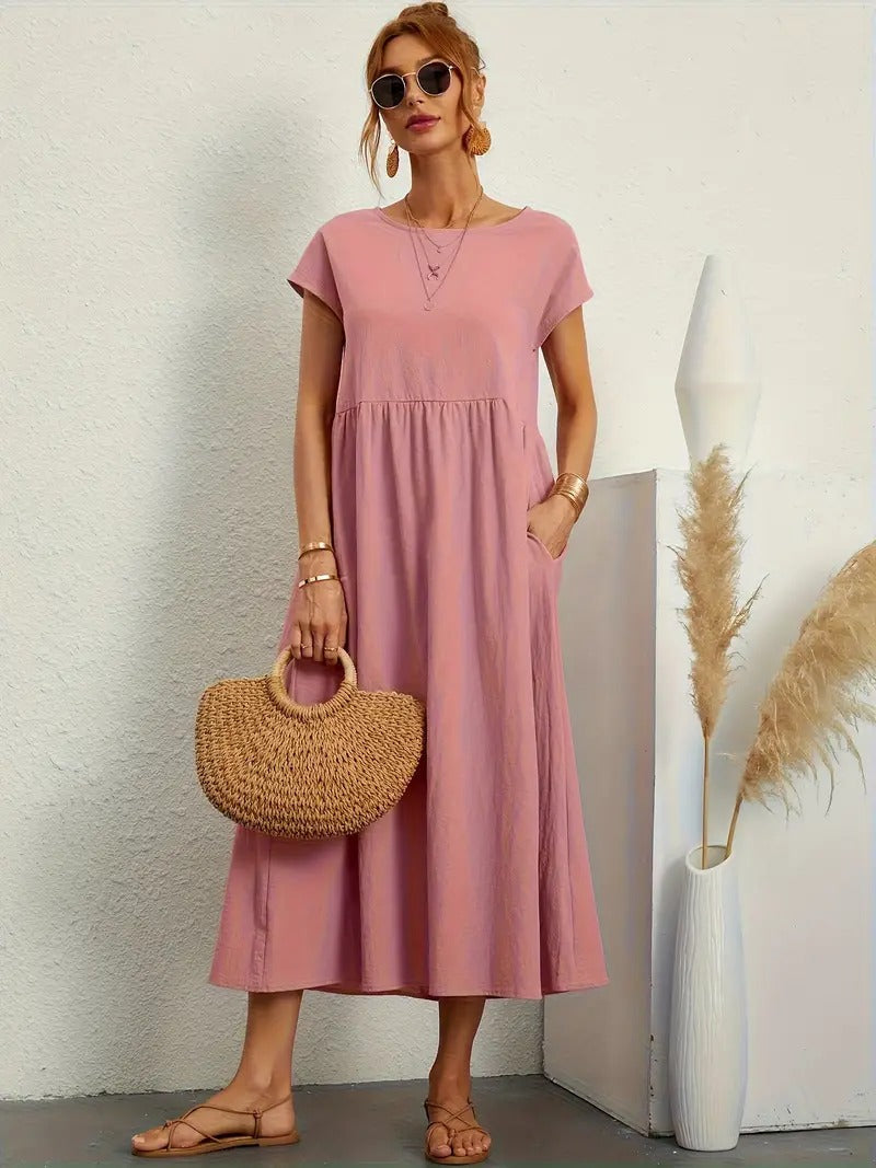 Comfortabele dames jurk, midi, korte mouwen, zakken & geplooide rok, ideaal voor dagelijks gebruik.