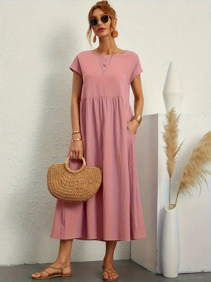 Comfortabele dames jurk, midi, korte mouwen, zakken & geplooide rok, ideaal voor dagelijks gebruik.