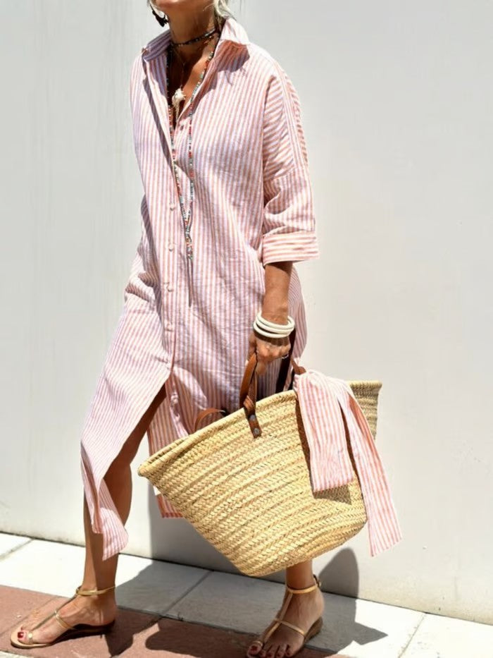 Grijze casual dames jurk 'Vivienne', een veelzijdige midi zomerjurk.