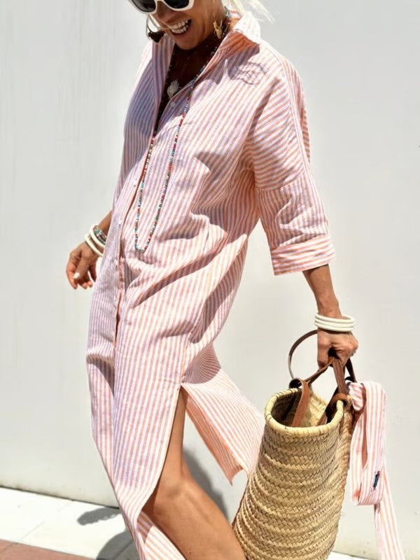 Dames zomerjurk 'Vivienne' midi, met praktische doorknoopsluiting in groen.