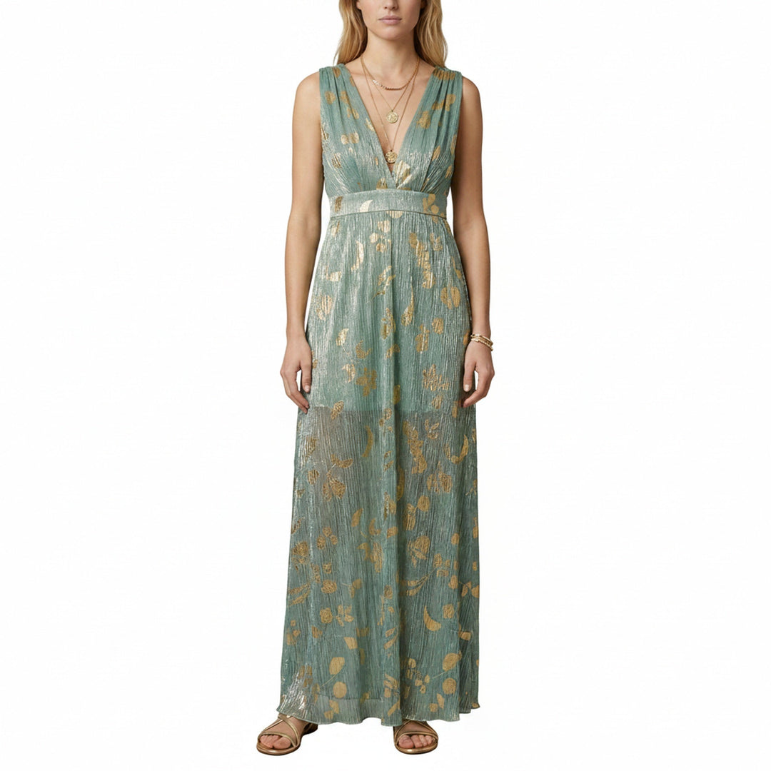 Dames mouwloze maxi jurk met diepe V-hals en elegante gouden print, ideaal als avond- of feestjurk.