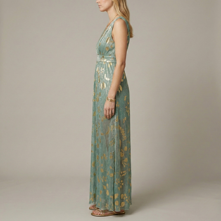 Elegante gala jurk voor dames: mouwloze maxi met diepe V-hals en schitterende gouden print.