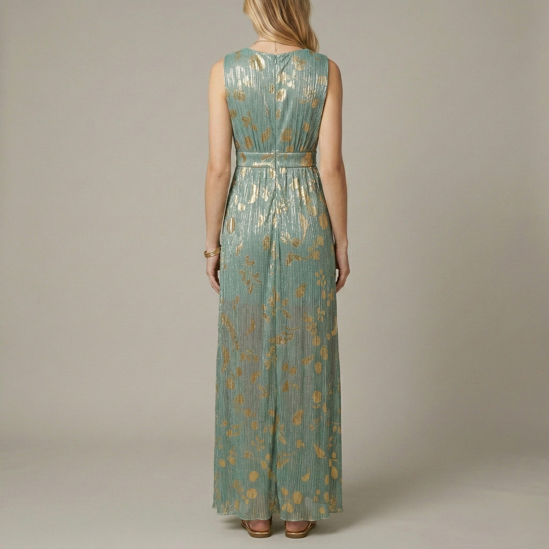 Feestjurk dames: mouwloze maxi jurk met diepe V-hals en prachtige gouden print, perfect voor evenementen.