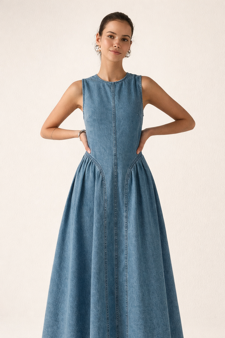 Mouwloze midi jurk voor dames, ideaal als veelzijdige strandjurk en comfortabele vakantieoutfit.