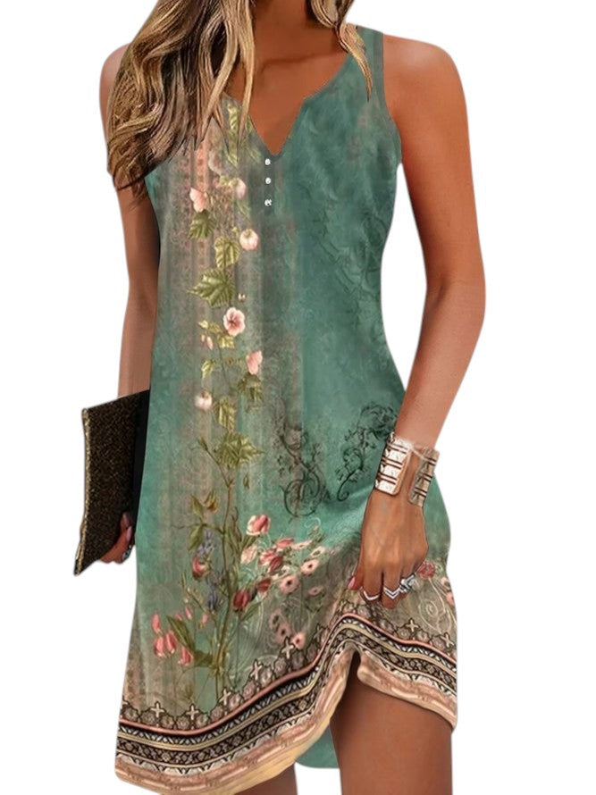 Damesmode: mouwloze mini zomerjurk met levendige print, trendy en lichtgewicht.
