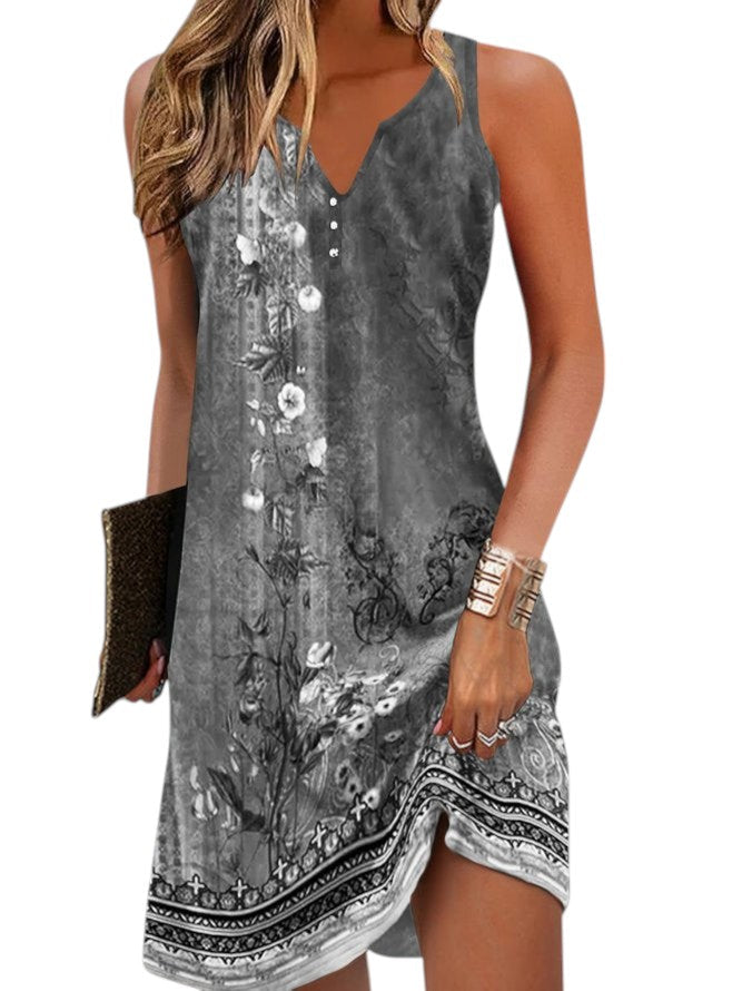 Luchtige dames zomerjurk met kleurrijke print, mouwloos en comfortabel voor warme dagen.