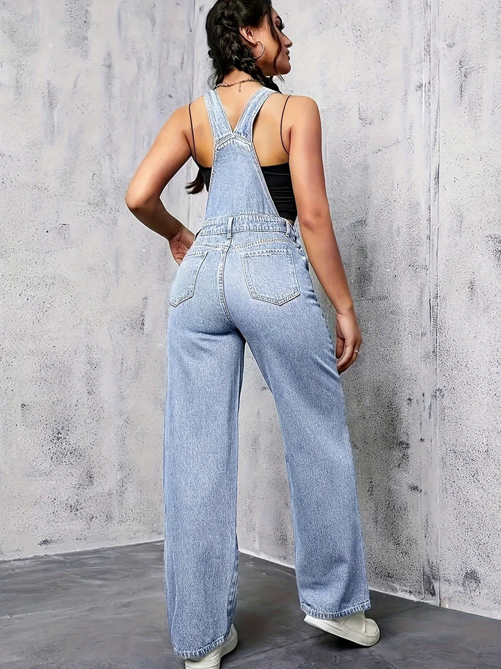 Comfortabele dames mouwloze spijkeroverall met wijde pijpen. Deze trendy blauwe jumpsuit is perfect voor casual looks.