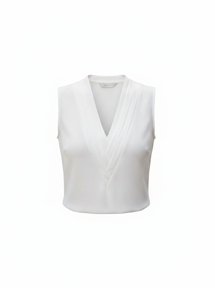 Dames mouwloze V-hals top met elegante plooidetails, perfect voor zomerse dagen en avonden.