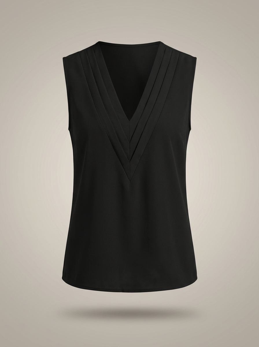 Dames top met mouwloze snit en geraffineerde plooidetails aan de V-hals, modieus en comfortabel.