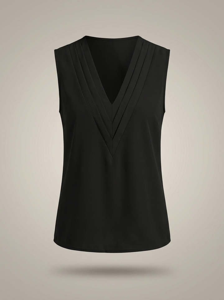 Dames top met mouwloze snit en geraffineerde plooidetails aan de V-hals, modieus en comfortabel.