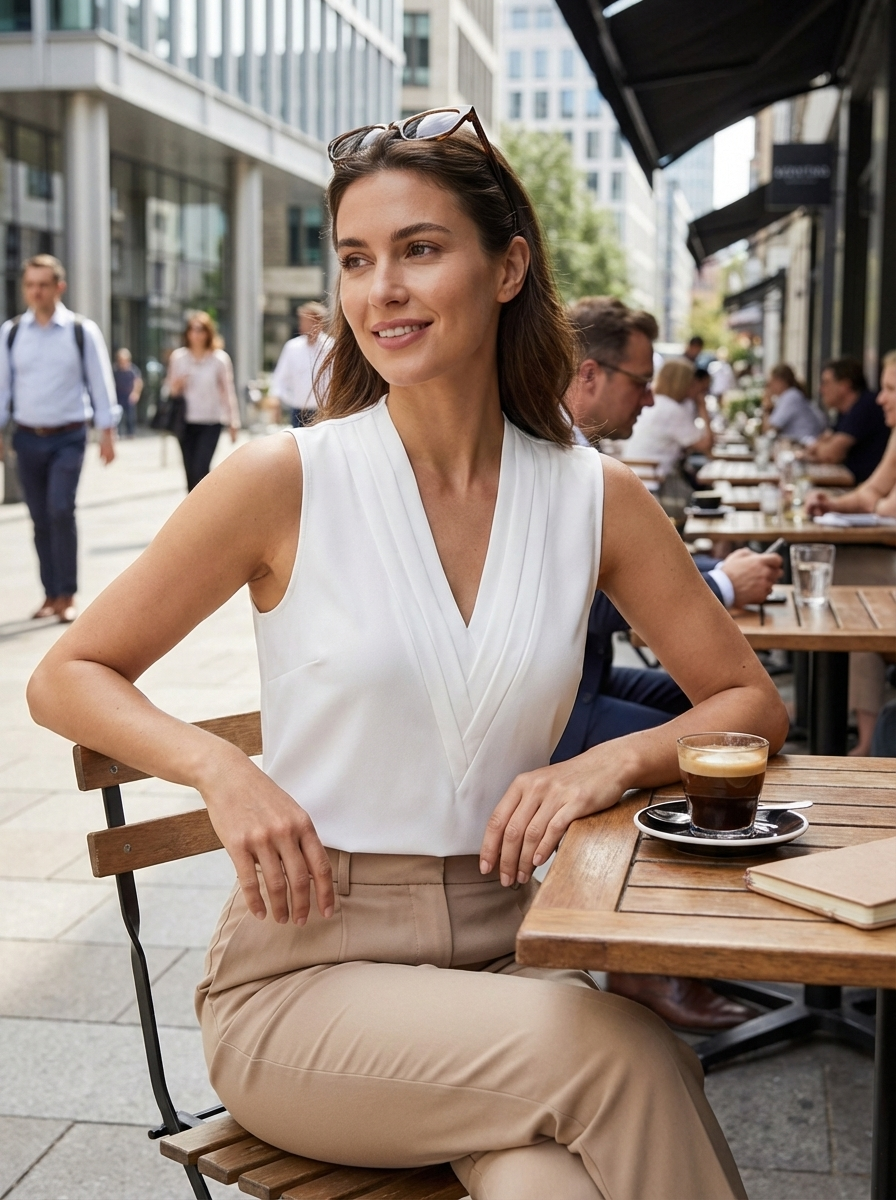 Casual dames mouwloze tank top met V-hals en verfijnde plooidetails, ideaal voor ontspannen outfits.
