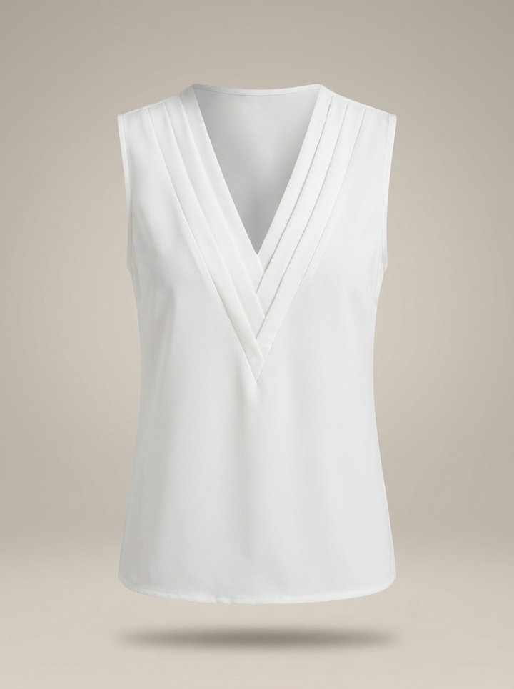 Elegante dames mouwloze V-hals top met plooidetails, een must-have voor een verfijnde zomerlook.