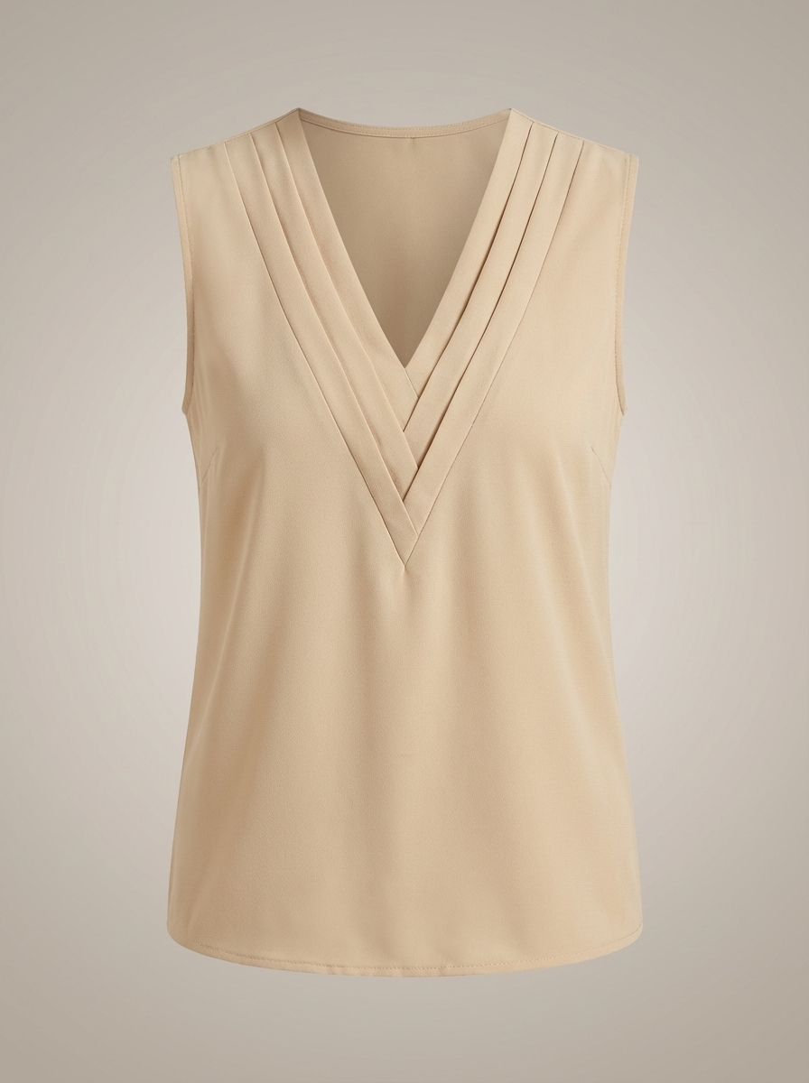 Luchtige dames zomertop met diepe V-hals en modieuze plooidetails, ideaal voor warme temperaturen.