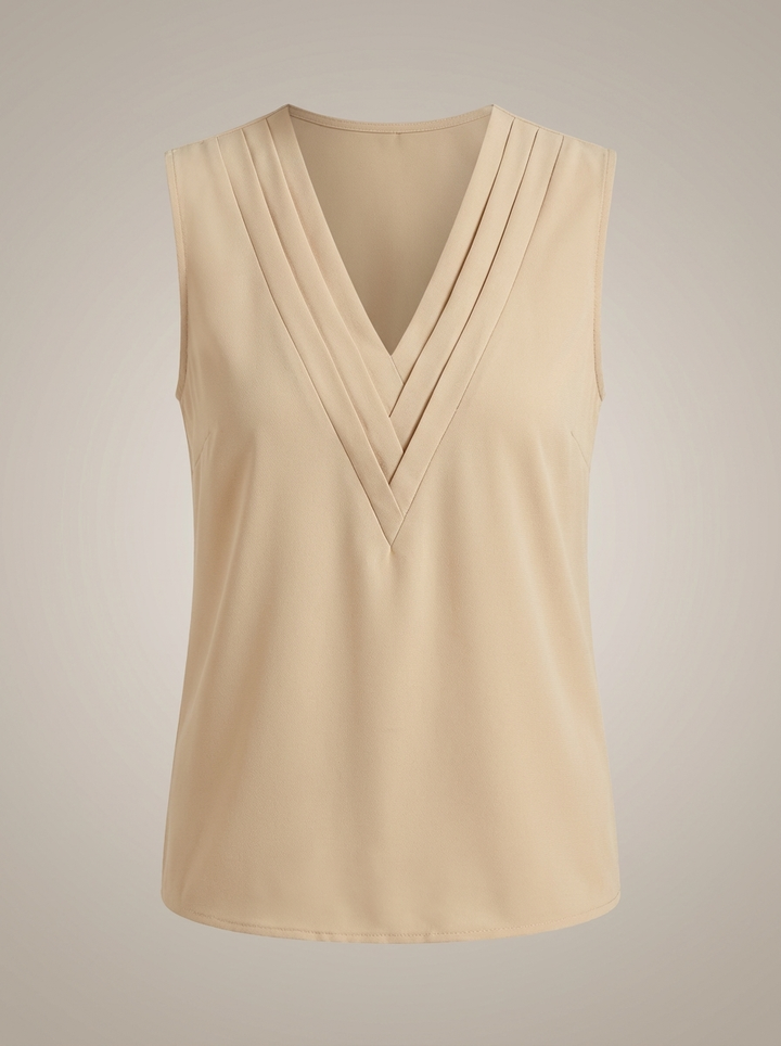 Luchtige dames zomertop met diepe V-hals en modieuze plooidetails, ideaal voor warme temperaturen.