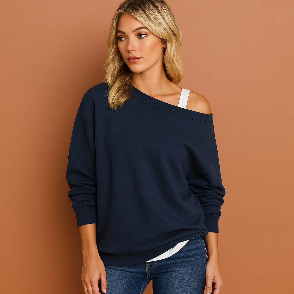 Comfortabele dames off-shoulder trui met losse pasvorm, veelzijdig voor lente en casual gelegenheden.