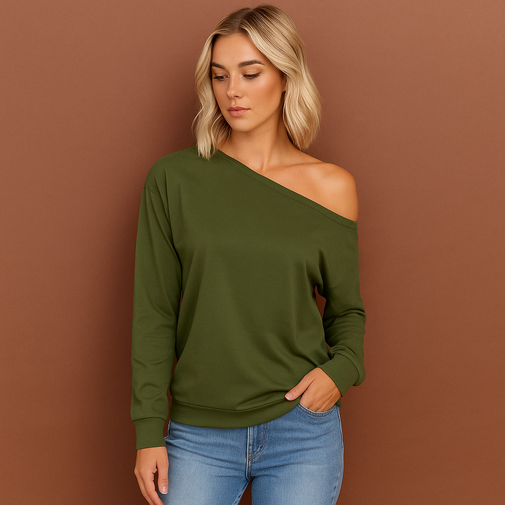 Vrouwenkleding: elegante off-shoulder trui met losse pasvorm, een modieus statement voor elke vrouw.