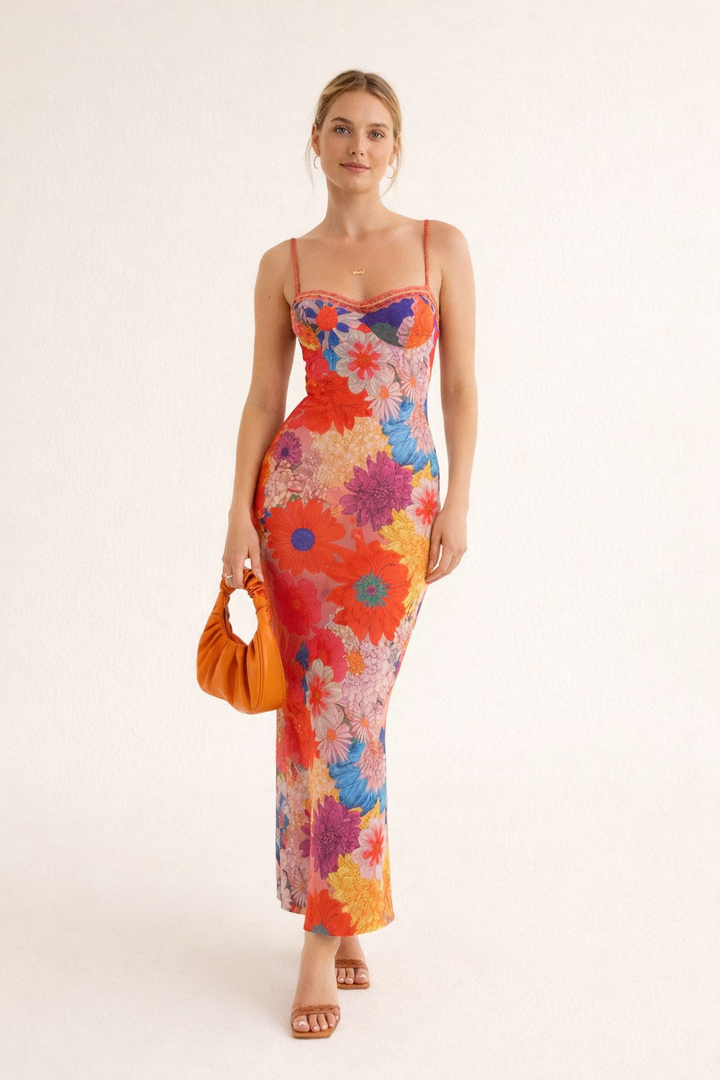 Comfortabele dames zomer maxi-jurk, oranje bloemenprint en smalle bandjes voor een casual look.