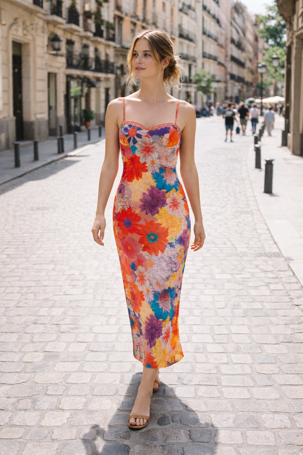 Stijlvolle dames maxi-jurk met oranje bloemenprint en slanke bandjes; een zomerse must-have.
