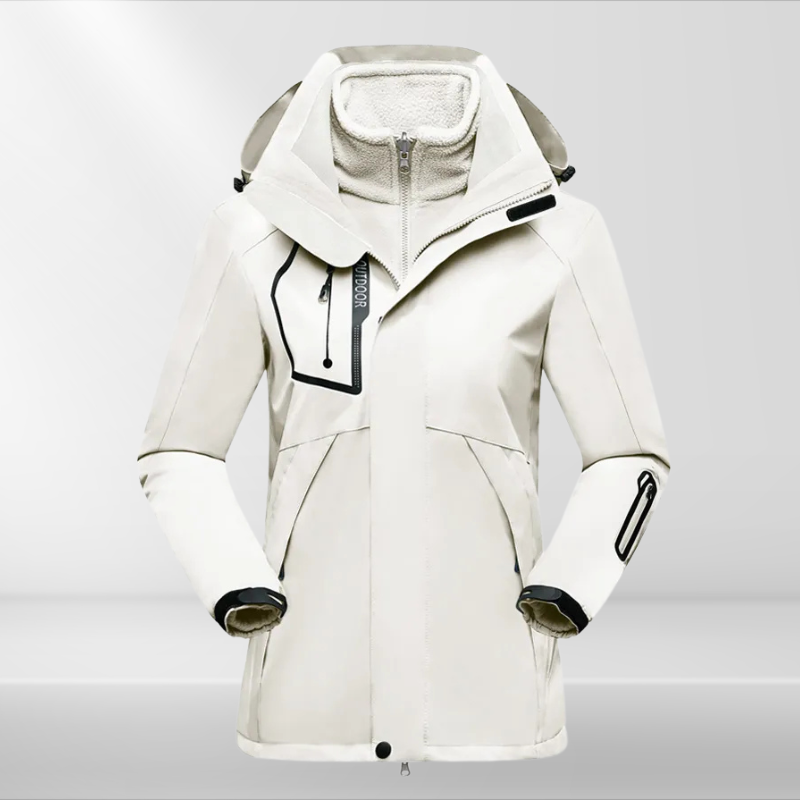 Dames outdoorjas met verstelbare kap, perfect voor wandelen en buitensporten. Comfortabel en weerbestendig.