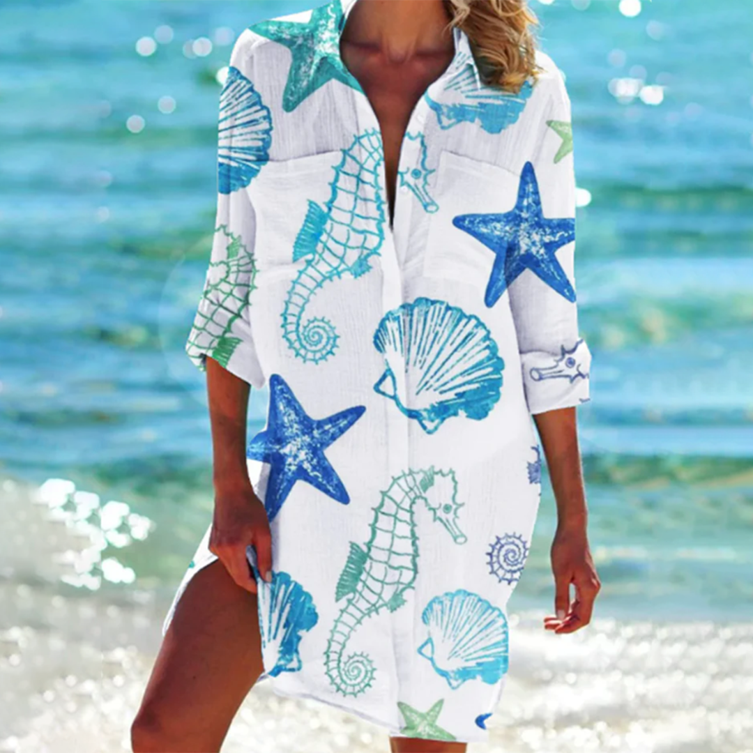 Stijlvolle lange dames blousejurk met patroon. A-lijn zomerjurk, perfect voor comfort en een relaxte look.