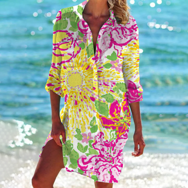 Perfecte strandjurk of casual zomerjurk: lange A-lijn dames overhemdjurk. Comfortabel met stijlvol patroon.
