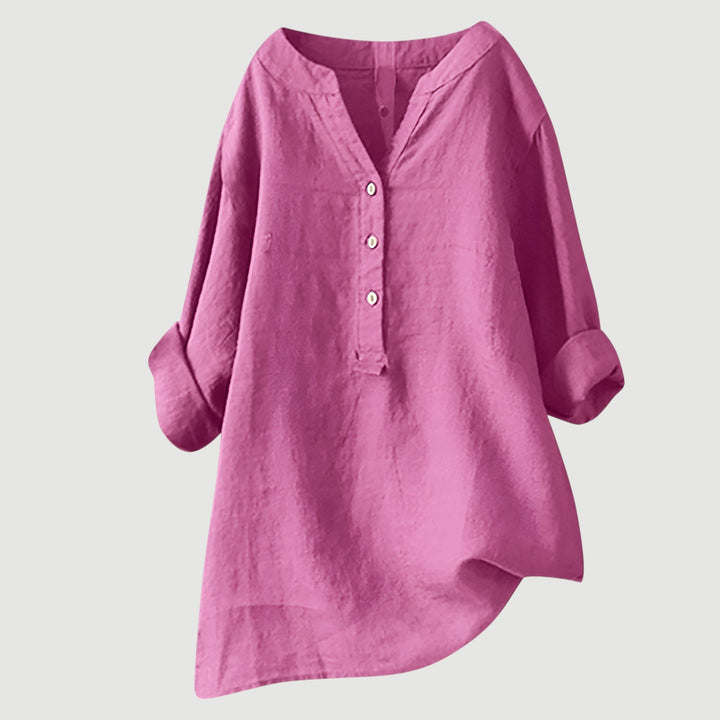 Veelzijdige damesblouse, oversized met V-hals en lange mouwen, geschikt voor casual en chique.