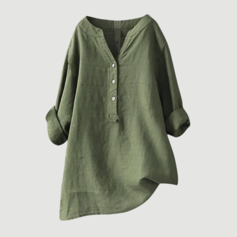 Modieuze damesblouse met diepe V-hals en comfortabele lange mouwen, casual look.