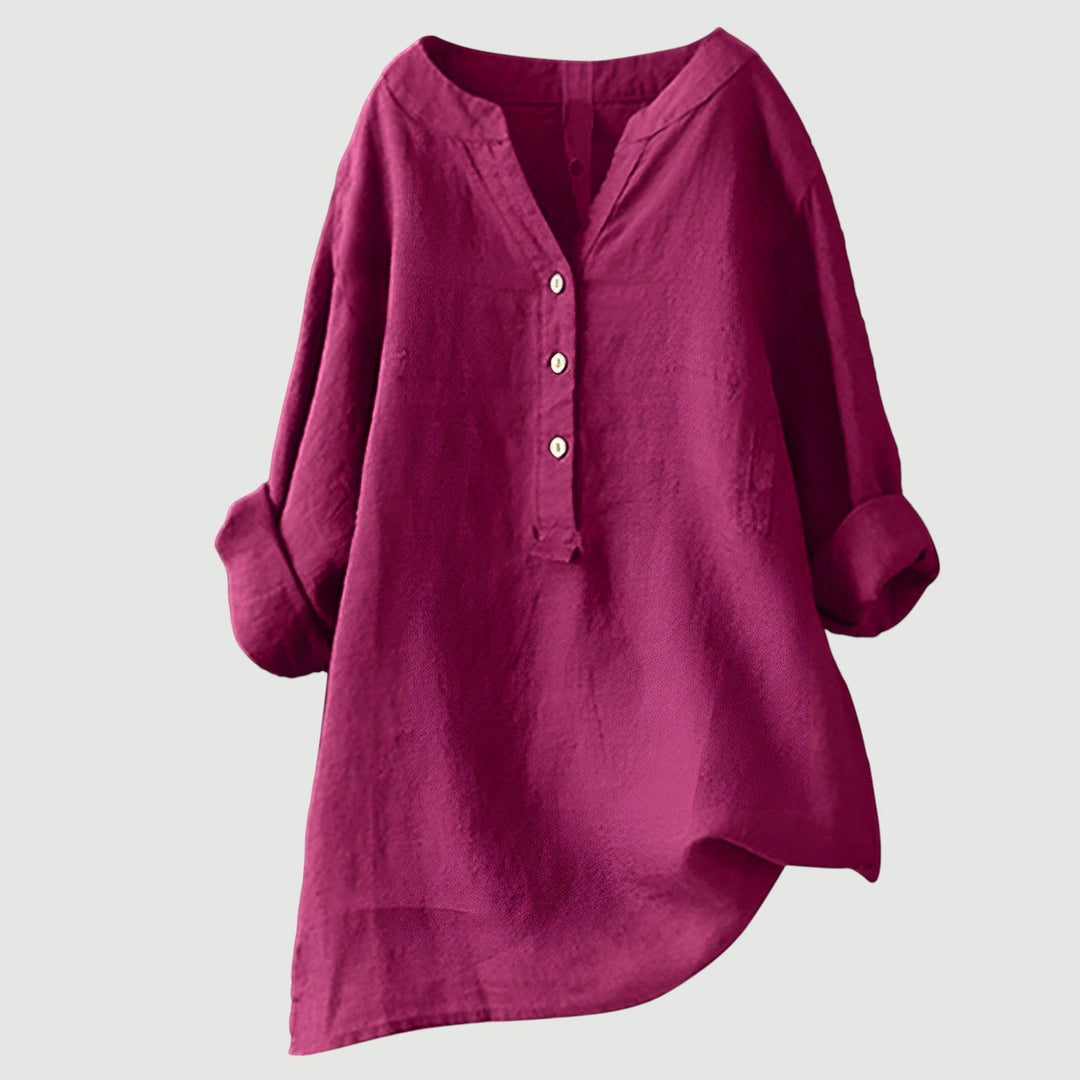 Asymmetrische dames oversized blouse met V-hals, lange mouwen en knoopsluiting, modieus design.