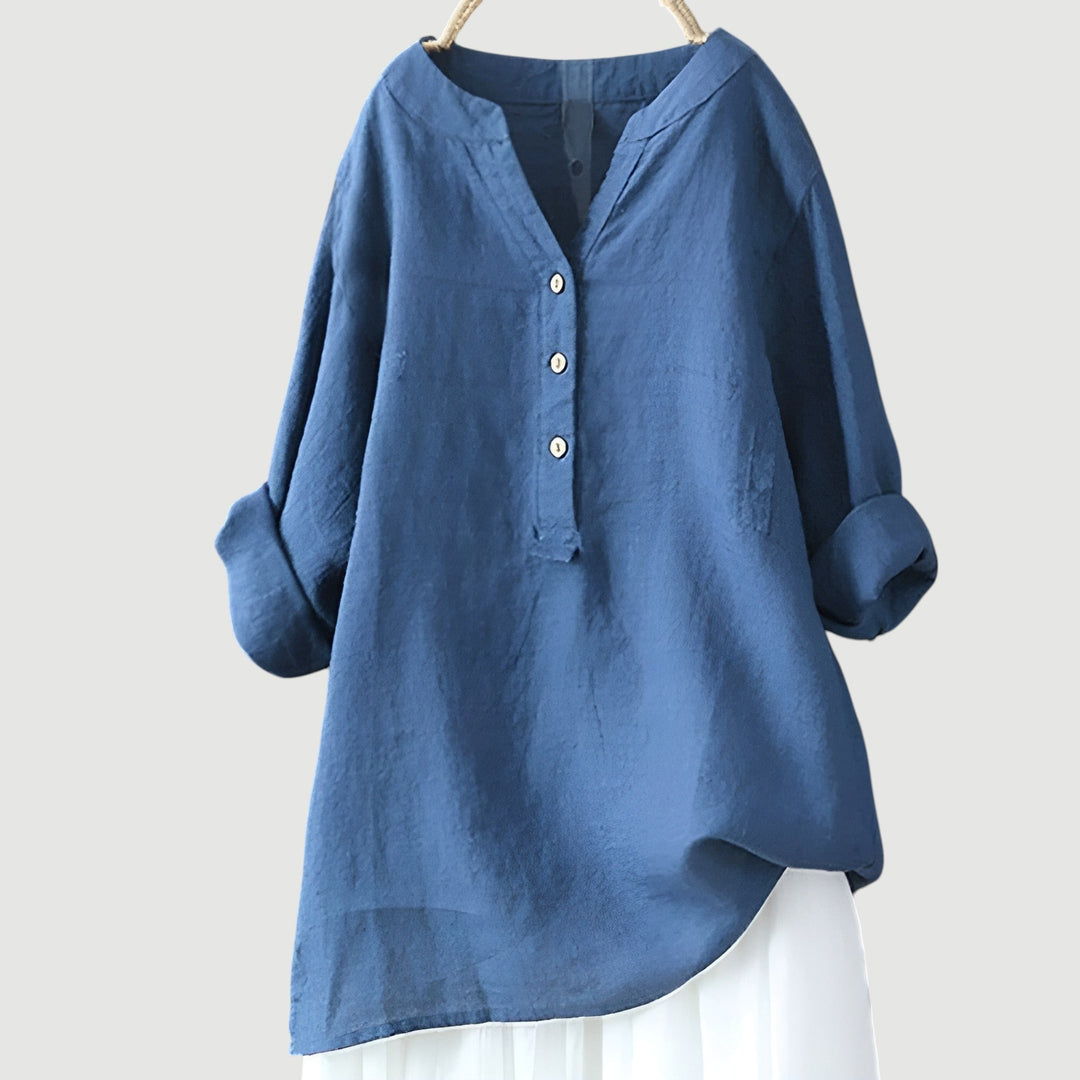 Damesblouse met knoopsluiting, V-hals en lange mouwen, oversized en elegant voor diverse gelegenheden.