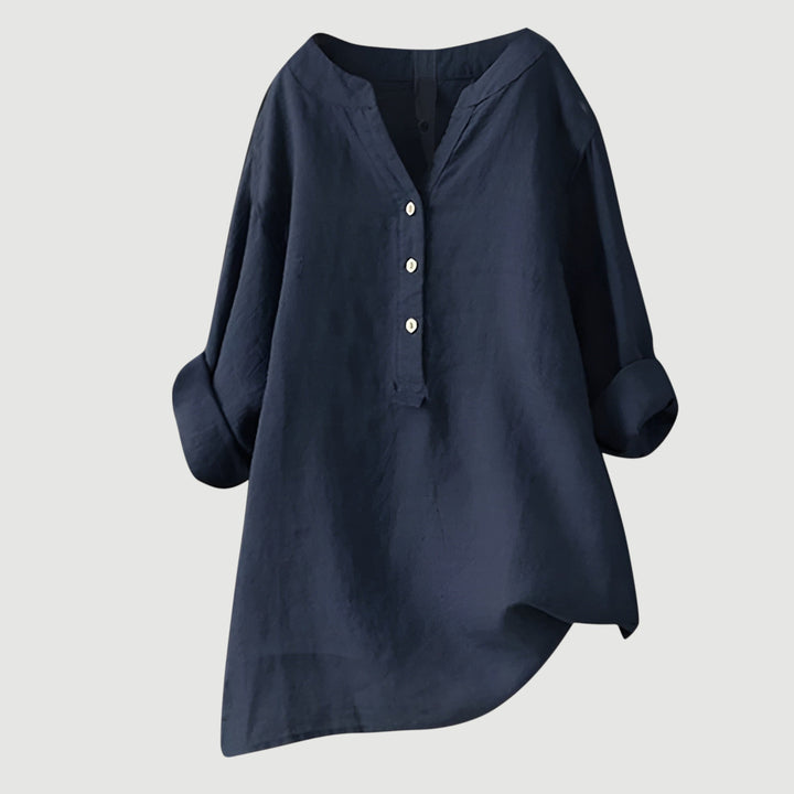 Blouse dames, oversized pasvorm, V-hals en lange mouwen, perfect gestyled voor een moderne look.