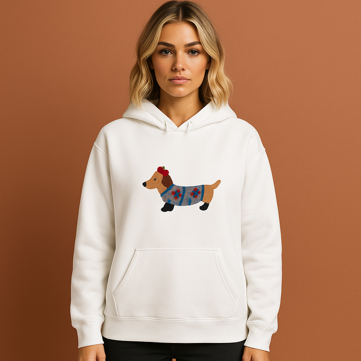 Dames oversized hoodie met geborduurde teckel, perfect voor een comfortabele en stijlvolle casual look in de herfst/winter.