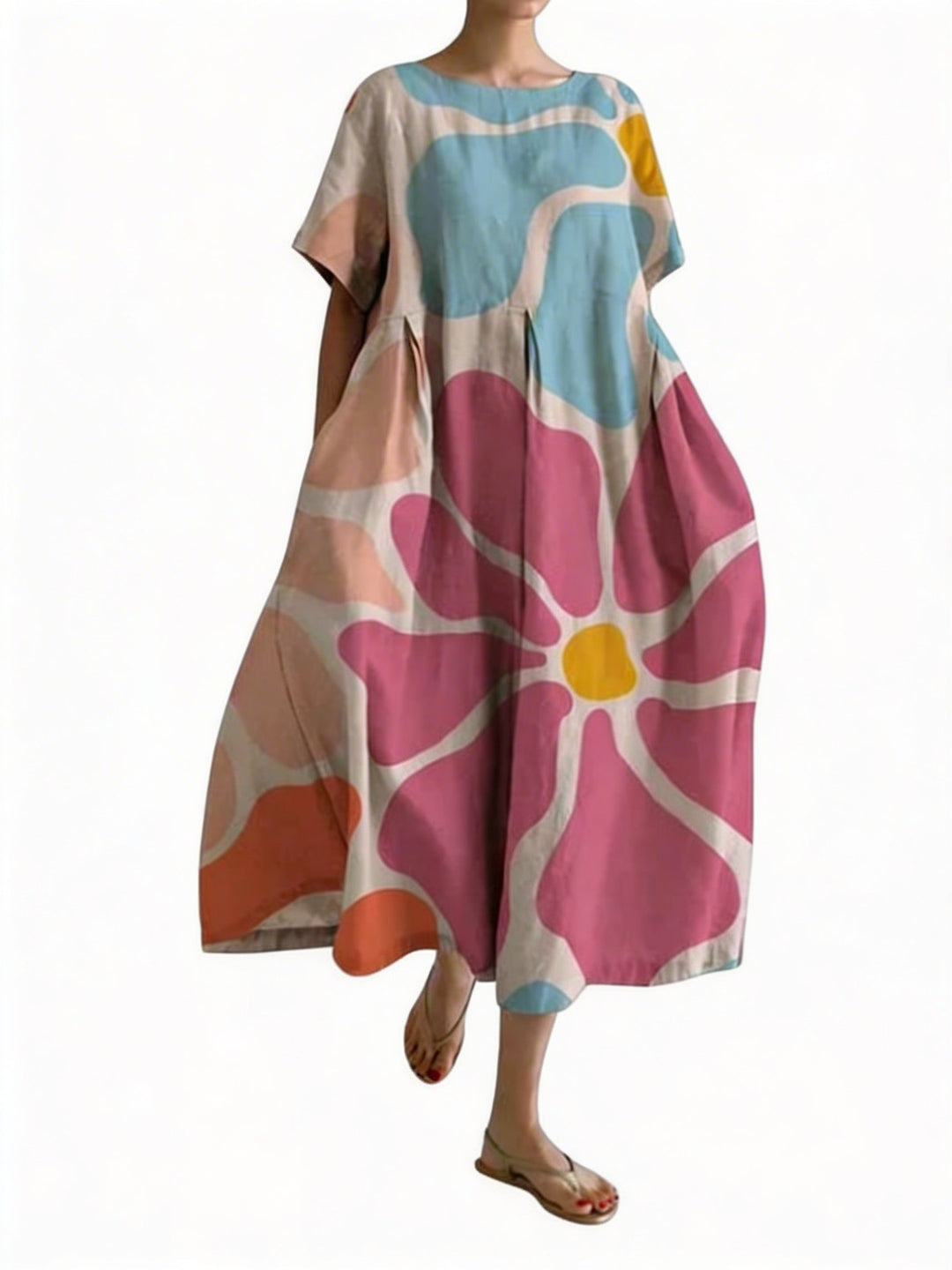 Dames oversized midi-jurk met ronde hals, korte mouwen en comfortabele pasvorm voor de zomer.