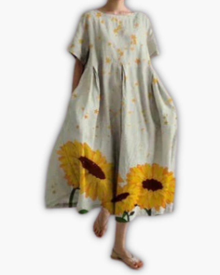 Oversized damesjurk met ballonrok, ronde hals en bloemenprint, perfect als comfortabele zomerjurk.