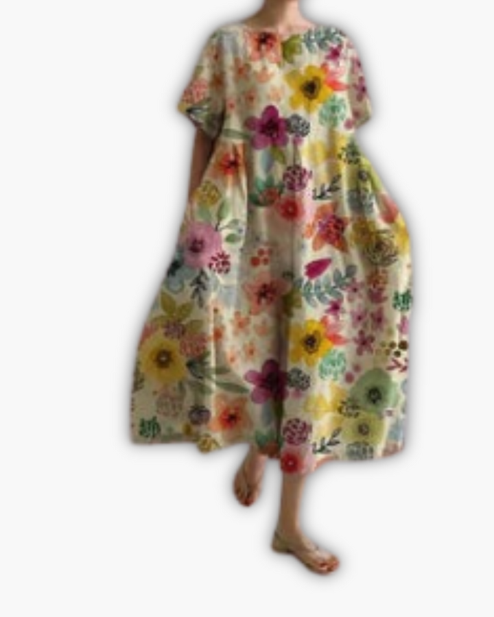 Casual midi-jurk voor dames, oversized, met ronde hals, korte mouwen en levendige bladprint.