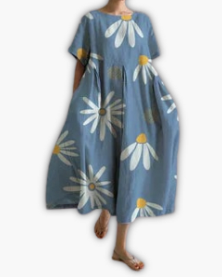 Zomerjurk dames, oversized met ronde hals, ballonrok en trendy bladprint, comfortabel en casual.