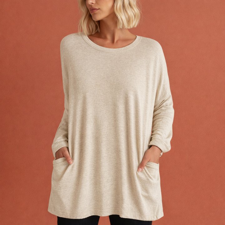 Stijlvolle oversized tuniek voor dames, lange casual top met zakken voor lente, herfst en winter. Comfortabele pasvorm.