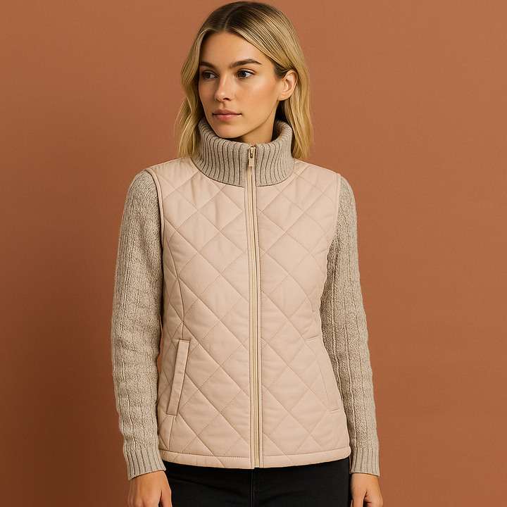 Dames patchwork gebreid vest, comfortabel en stijlvol. Ideaal als overgangsjas voor herfst en winter.