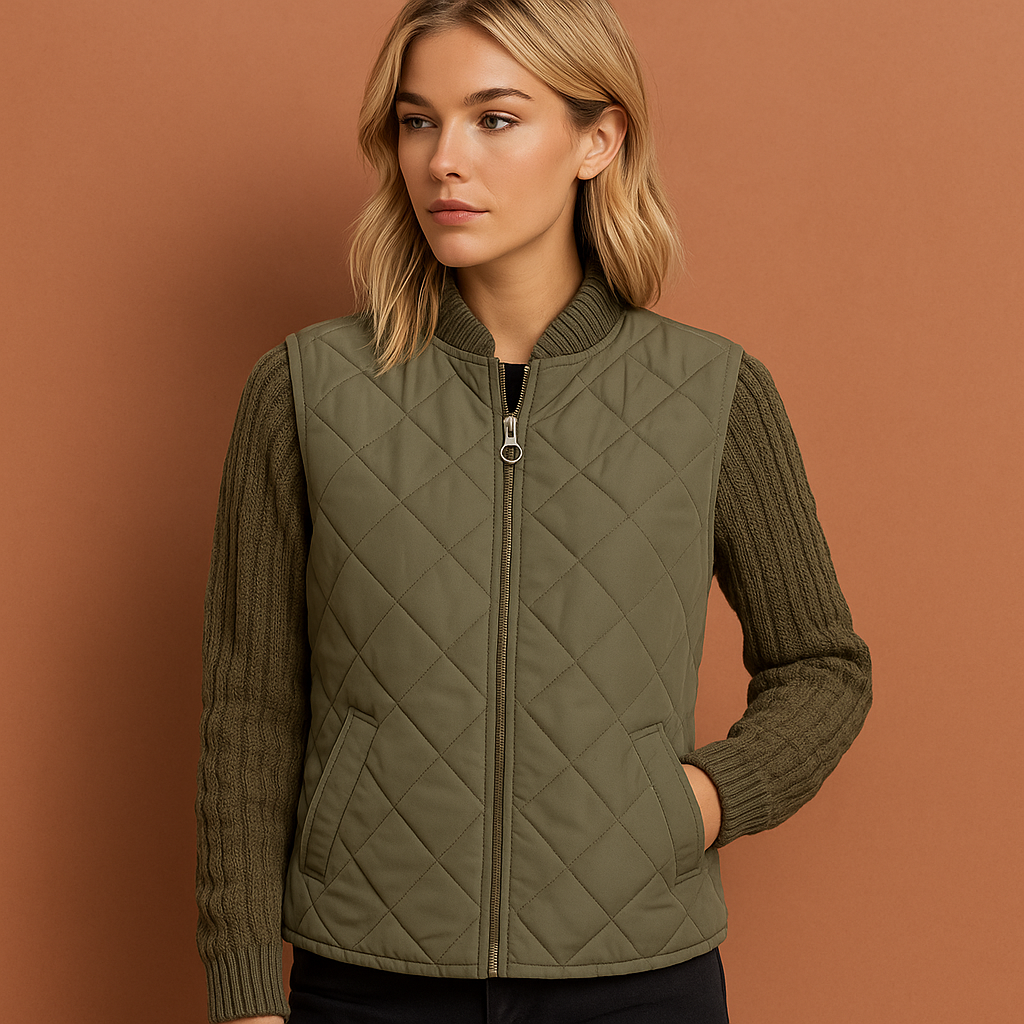 Stijlvol dames gebreid vest met patchwork detail, gecombineerd voor een casual look. Essentieel winter mode-item.