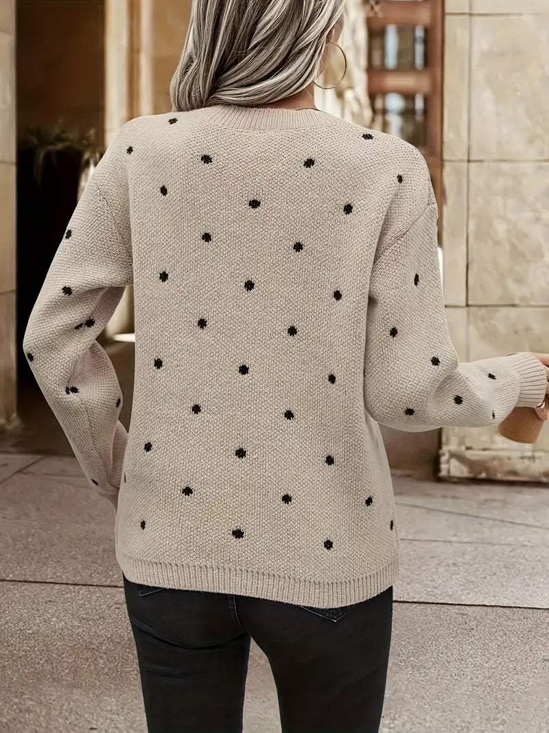 Dames wintertrui met lange mouwen, zwarte trui met witte stippen, warm en stijlvol.