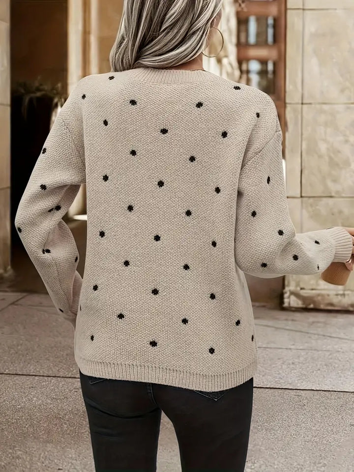 Dames wintertrui met lange mouwen, zwarte trui met witte stippen, warm en stijlvol.