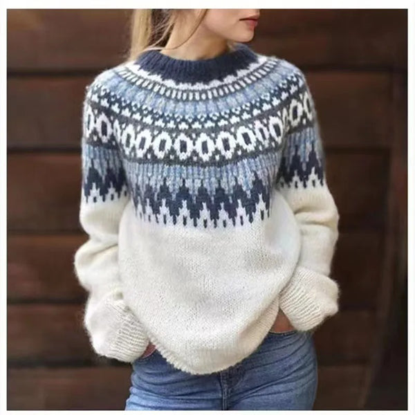 Dames pullover met elegant Noors yoke patroon, perfect voor winterse dagen. Comfortabel en stijlvol.