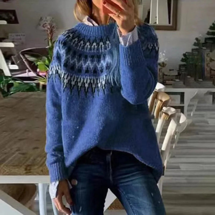Stijlvolle dames trui met Noors yoke patroon, lange mouwen en relaxte pasvorm voor wintermode.