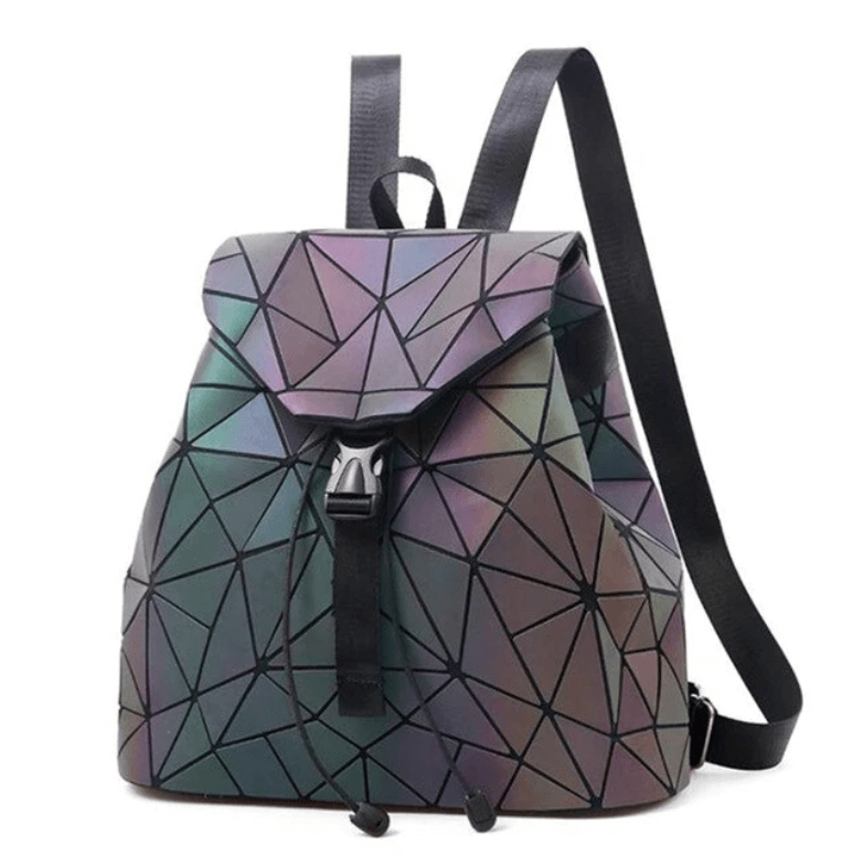 Reflecterende dames rugzak van waterdicht materiaal met een modern geometrisch kleurveranderend design.