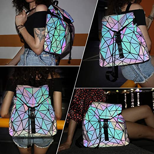 Kunstzinnige reflecterende dames rugzak met geometrische vormen en magische kleurverandering.