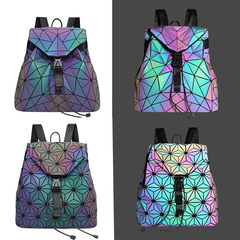 Lichtgevende dames rugzak, perfect voor avonden, met reflecterend geometrisch patroon en kleurverandering.
