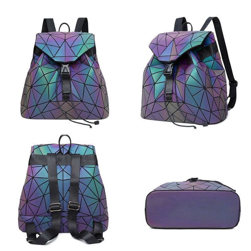 Casual dames rugzak, uniek door reflecterend geometrisch design en dynamische kleurverandering.
